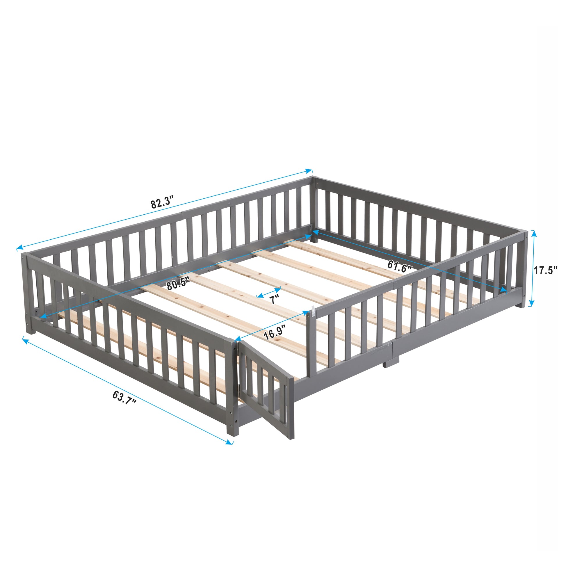 Queen Size Floor Bed With Door,Solid Wood Platform Bed Frame With Fence,Suitable For Children,Pine Wood,Gray Gray Wood