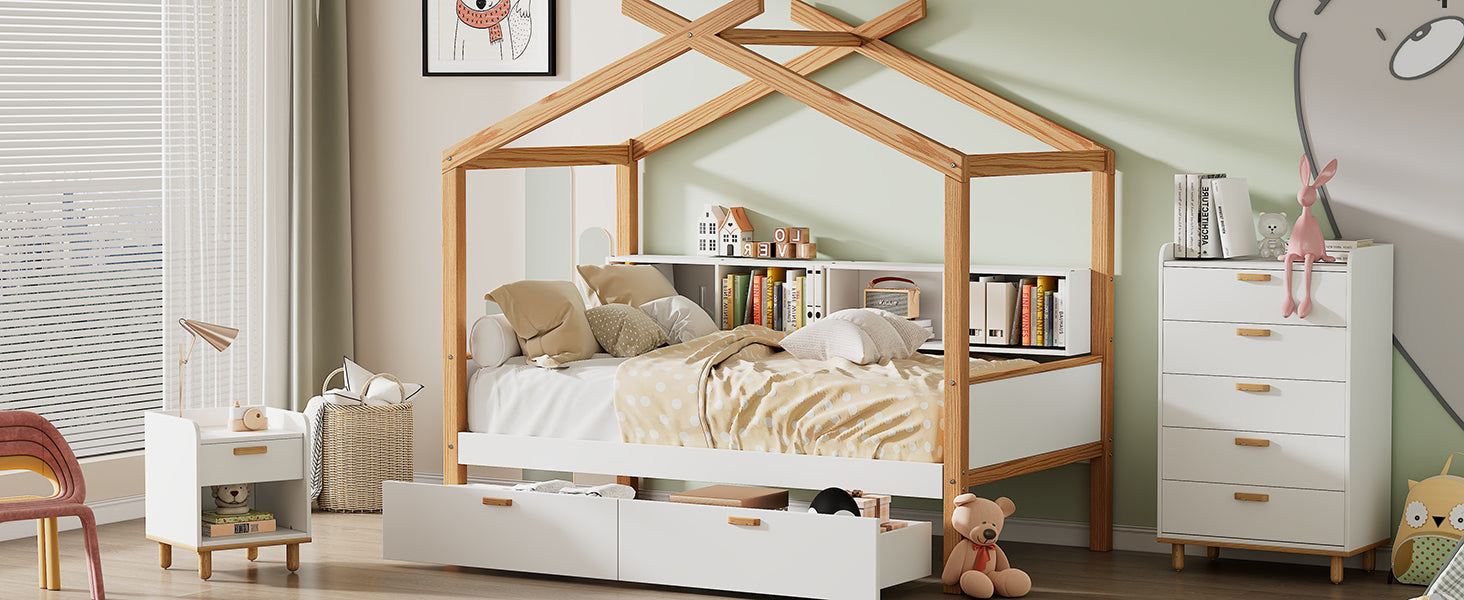 White Twin Size Wooden House Bed Original Wood Colored Frame With Two Drawers And Bookshelf Storage Space For Children Or Guest Room Twin White Wood