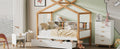 White Full Size Wooden House Bed Original Wood Colored Frame With Two Drawers And Bookshelf Storage Space For Children Or Guest Room Full White Wood