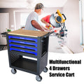 4 Drawers Multifunctional Tool Cart With Wheels And Wooden Top Blue Black Blue Metal