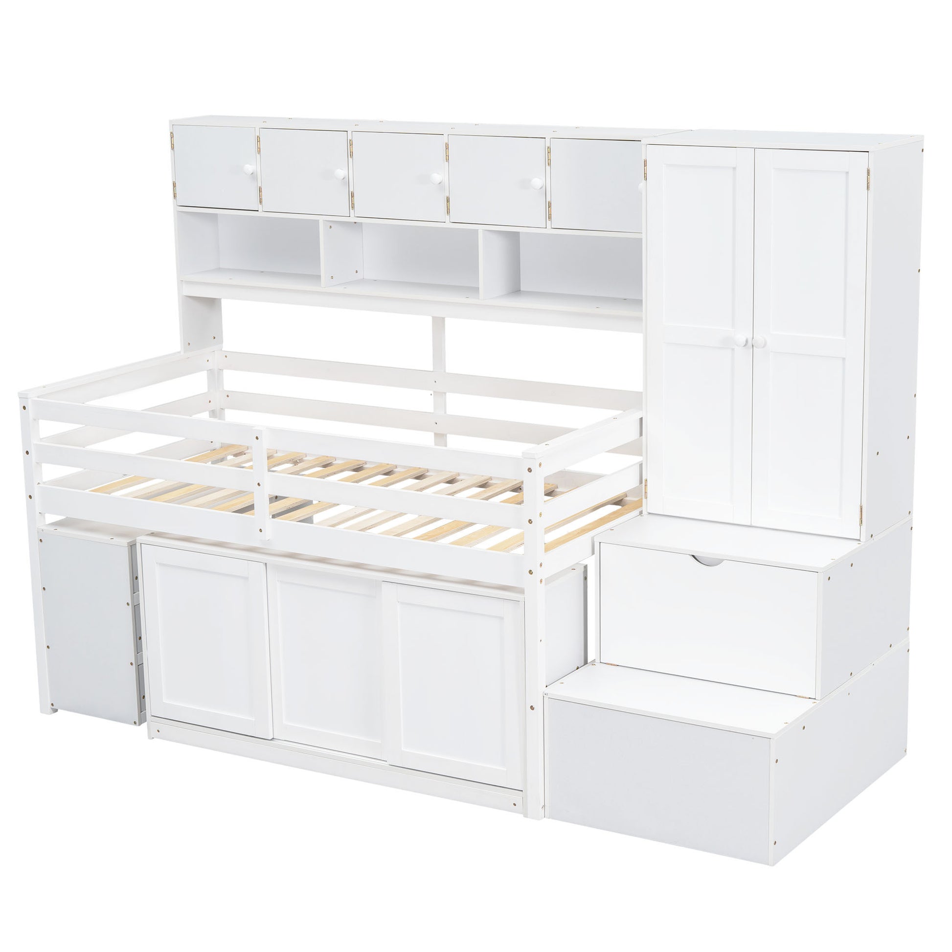 Twin Size Wooden Loft Bed Big Storage With Under Bed Desk, With Drawers, With Shelves, White Twin White Plywood