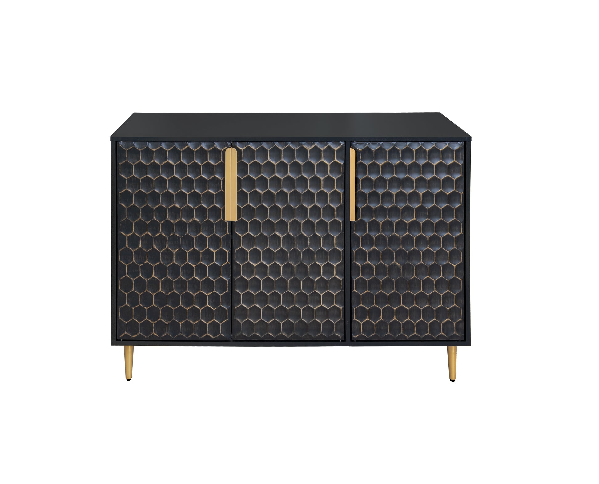 3 Door Storage Cabinet,Buffeet Sideboard With Adjustable Shelves,Honeycomb Seamless Hexagons Pattern Metal Door For Living Room,Dinging Room,Kitchen,Entrance Black Modern Iron,Particle Board Mdf