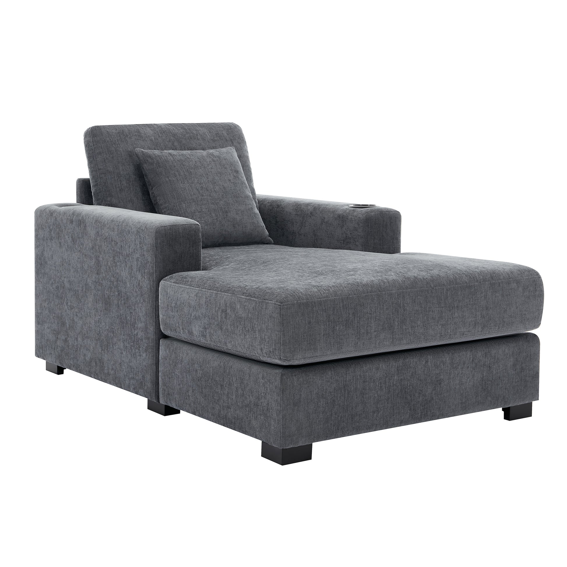 39.7" Oversized Chaise Lounger Modern Style Sofa Couch ,With Pillows, Charge Station & Cup Holders, Chenille Fabric, Blue Gray Blue Gray Chenille