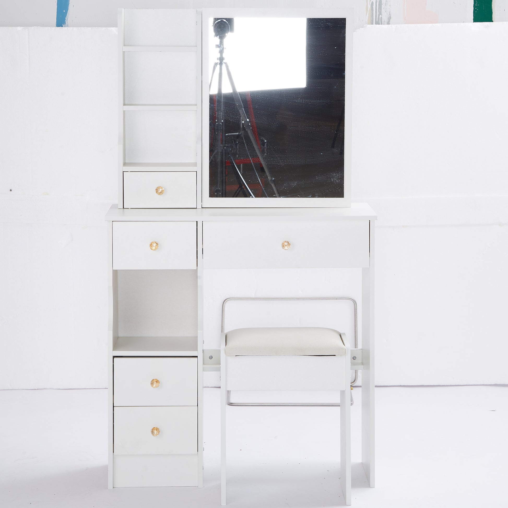 Small Size Left Drawer Desktop Vanity Table Cushioned Stool, Extra Large Sliding Mirror, Multi Layer, High Capacity Storage Fashionable Dresser, Suitable For Small Space, Epa,Gcc,Ul Certificate