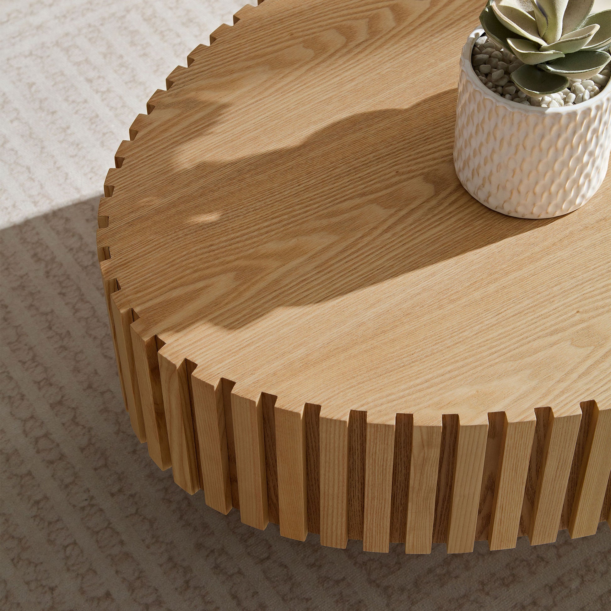 Modern Handcraft Drum Coffee Table Length 43.7 Inch Ellipse Coffee Table For Living Room,Oval Small Coffee Table With Sturdy Pedestal,Natural Ash Mdf Natural Ash Mdf