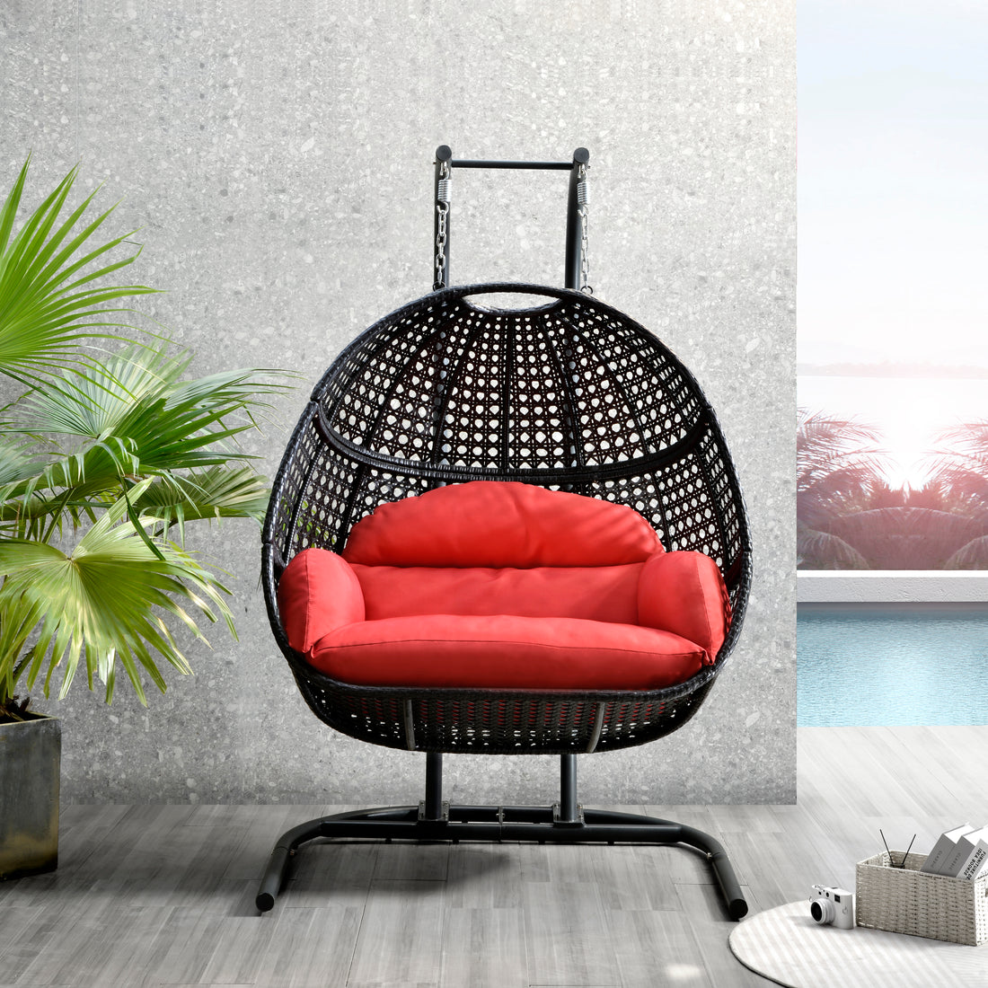 Patio Pe Rattan Double Swing Chair With Stand, Two Person Hanging Chair For Balcony, Courtyard Red Steel