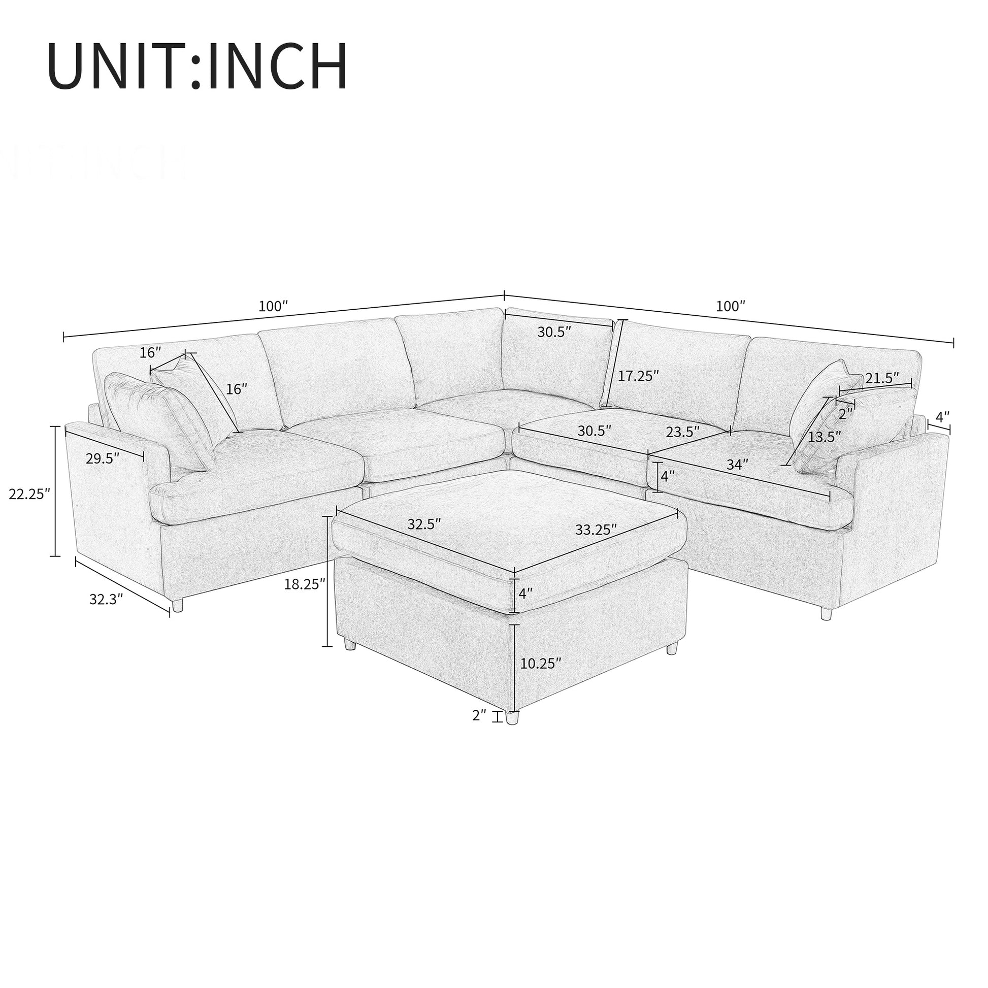 Modern Large U Shape Sectional Sofa, With Removable Ottomans For Living Room 6 Seater Gray Polyester 6 Seat