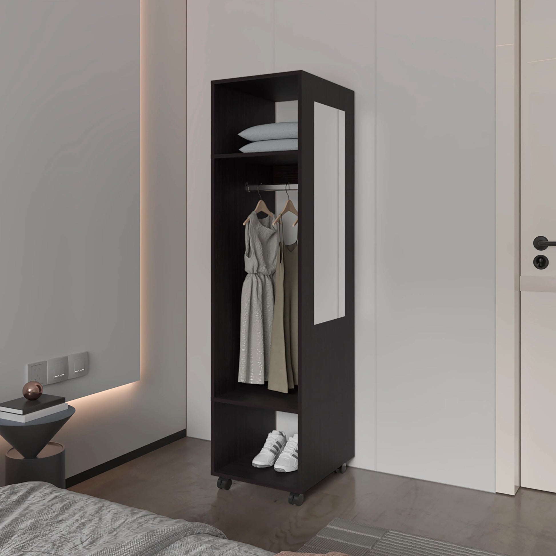 Black 3 Shelf Wardrobe With Mirror And Open Storage Black Particle Board Melamine