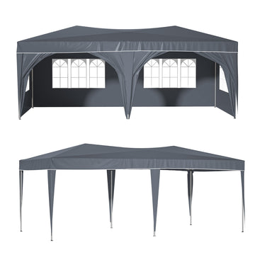 10'X20' Pop Up Canopy Tent With 6 Sidewalls, Ez Pop Up Outdoor Canopy For Parties, Waterproof Commercial Tent With 3 Adjustable Heights, Carry Bag, 6 Sand Bags, 6 Ropes And 12 Stakes, Gray Gray