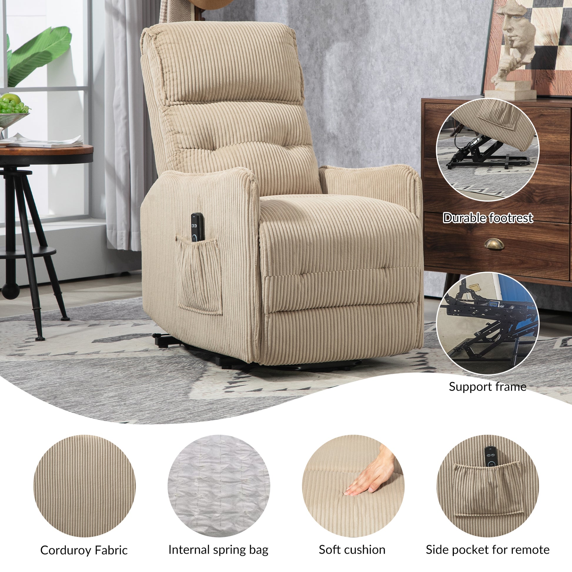 Coolmore Recliner Chair, Electric Recliner Chairs For Adults, Side Pocket Power Reclining Chair Pocket Springs Seat Cushion, Corduroy Fabric Recliner Sofa For Living Room, Bedroom, Home Theater Camel Camel Foam Corduroy