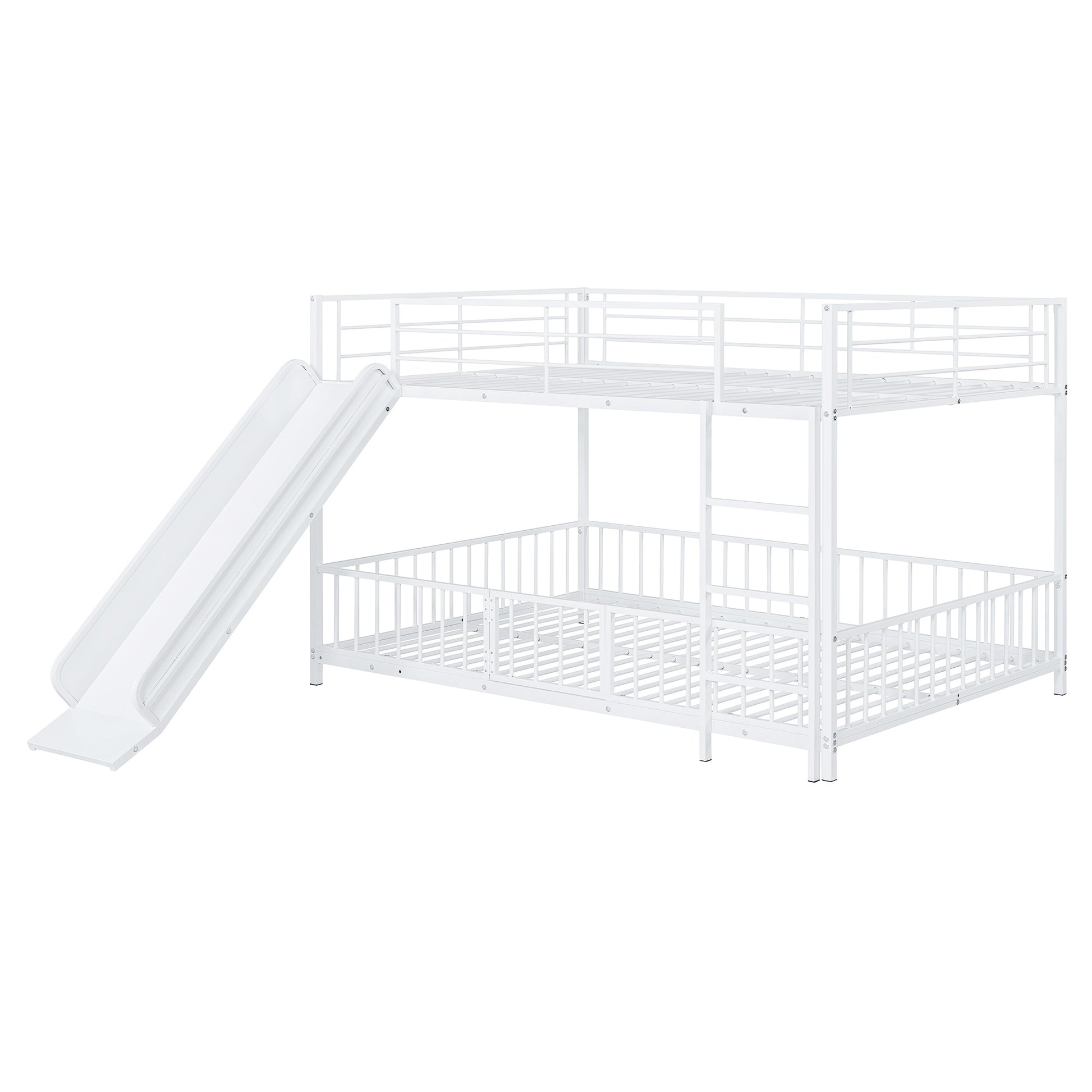 Full Over Full Size Metal Bunk Bed With Slide And Guardrails, White Full White Metal