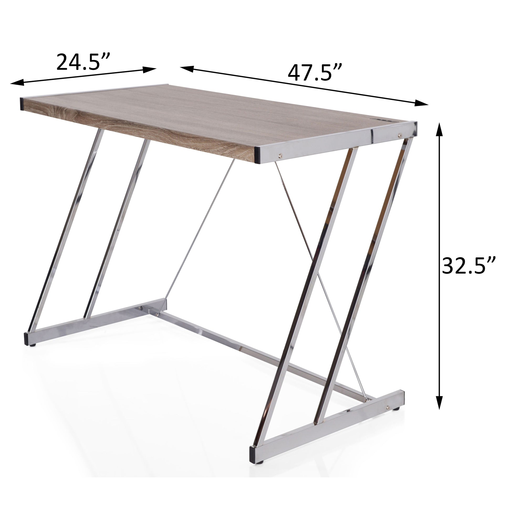 Weathered Oak And Chrome Writing Desk With Usb Ports Oak Silver Built In Outlets Or Usb Writting Desk Office Modern Rectangular Desk Wood Metal Sled