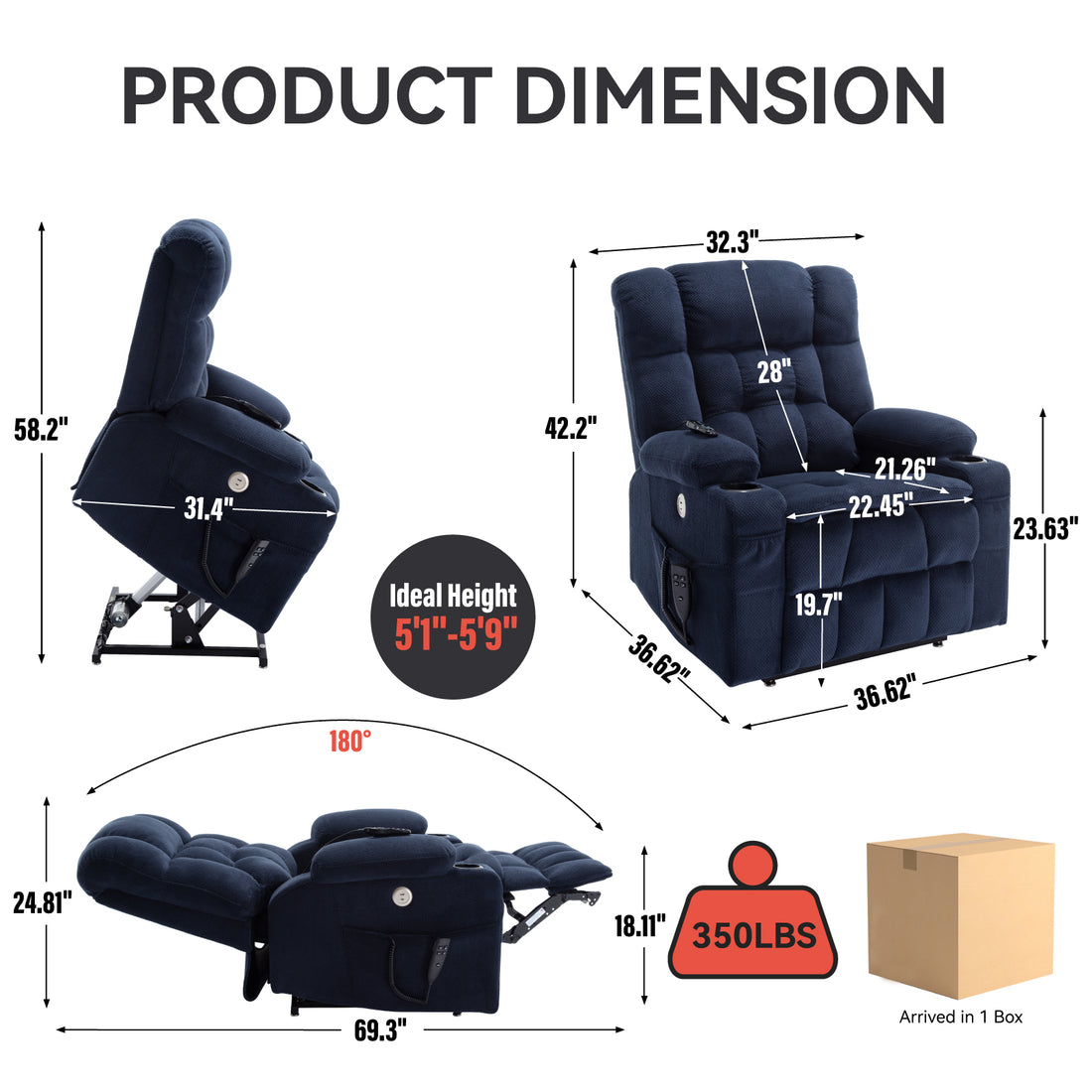 Blue Dual Motor Infinite Position Up To 350 Lbs Chenille Power Lift Recliner Chair, Heavy Duty Motion Mechanism With 8 Point Vibration Massage And Lumbar Heating, Dual Cup Holders White Metal