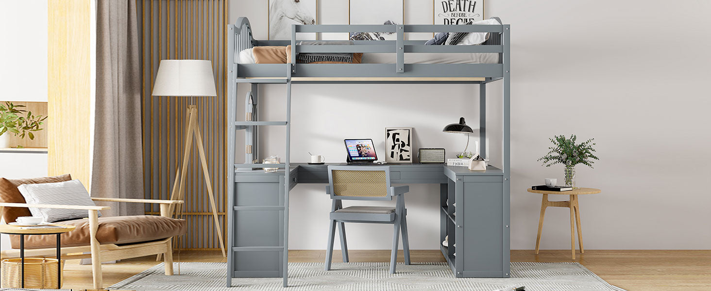 Full Wooden Loft Bed With U Shaped Desk,Storage Compartments And Tri Fold Mirror, Gray Gray Plywood,Solid Wood Mdf