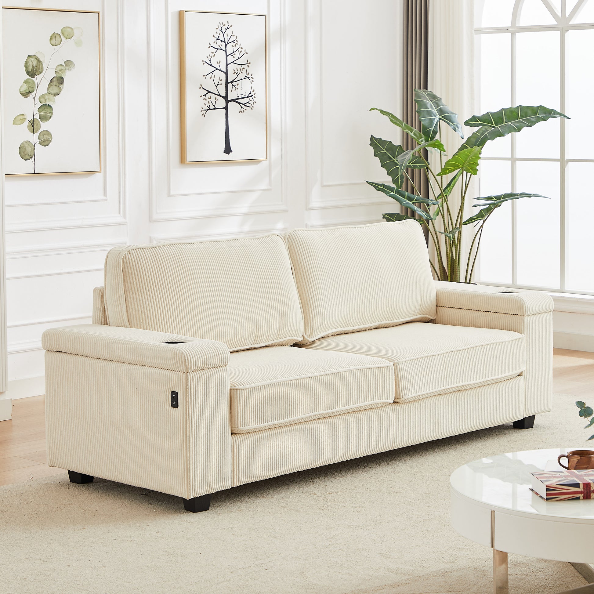 86.5 Inch Sofa Couch Deep Seat Sofa With Two Storage Spaces, T Pyce Charging Portsusb Charging Ports & 2 Cup ,Corduroy 3 Seater Couch, Modern Sofas For Living Room Beige Foam Corduroy 3 Seat