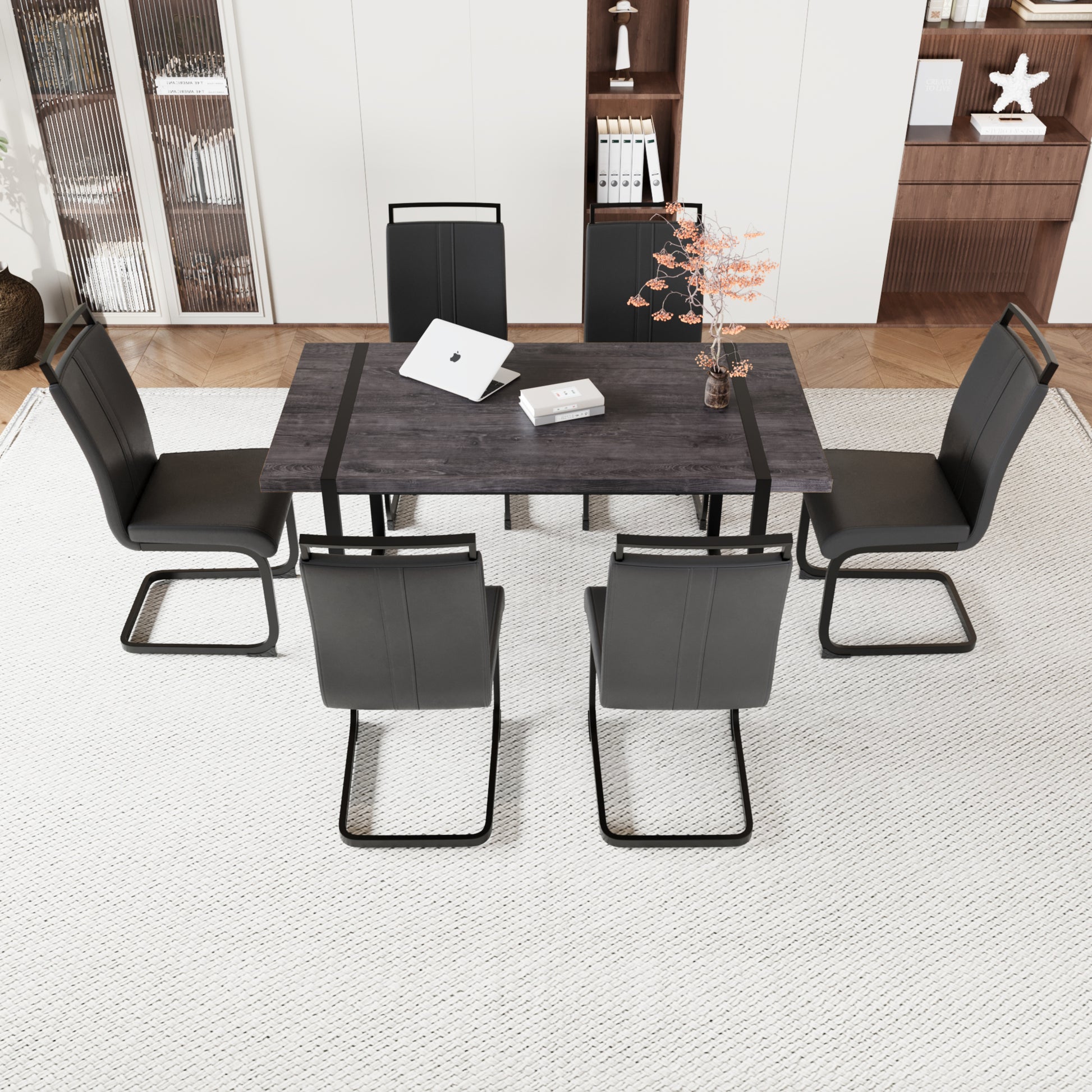 59 "Rural Industrial Rectangular Mdf Black Dining Table Set And Pu Armless Dining Chair Set, 6 Pieces. Kitchen Black Metal Table Leg Dining Chair Set Black Mdf
