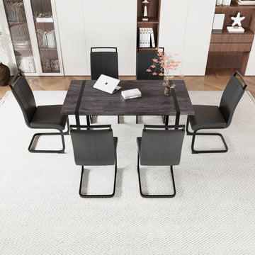 59 "Rural Industrial Rectangular Mdf Black Dining Table Set And Pu Armless Dining Chair Set, 6 Pieces. Kitchen Black Metal Table Leg Dining Chair Set Black Mdf