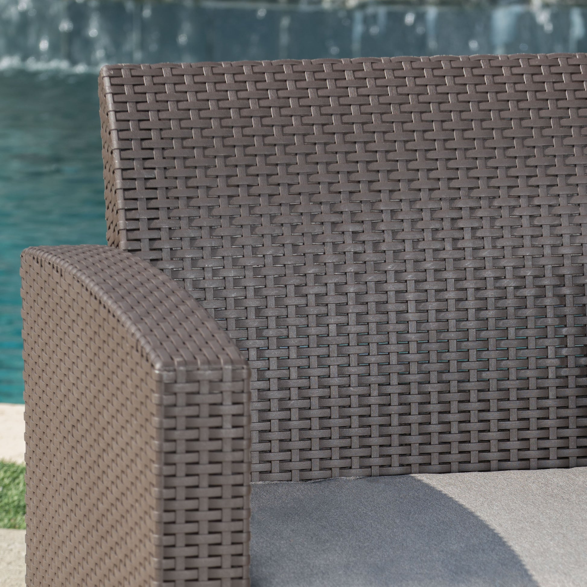 67.7" Outdoor 3 Seater Faux Wicker Rattan Style Sofa With Water Resistant Cushions, Brown Mix Beige Brown Beige Fabric