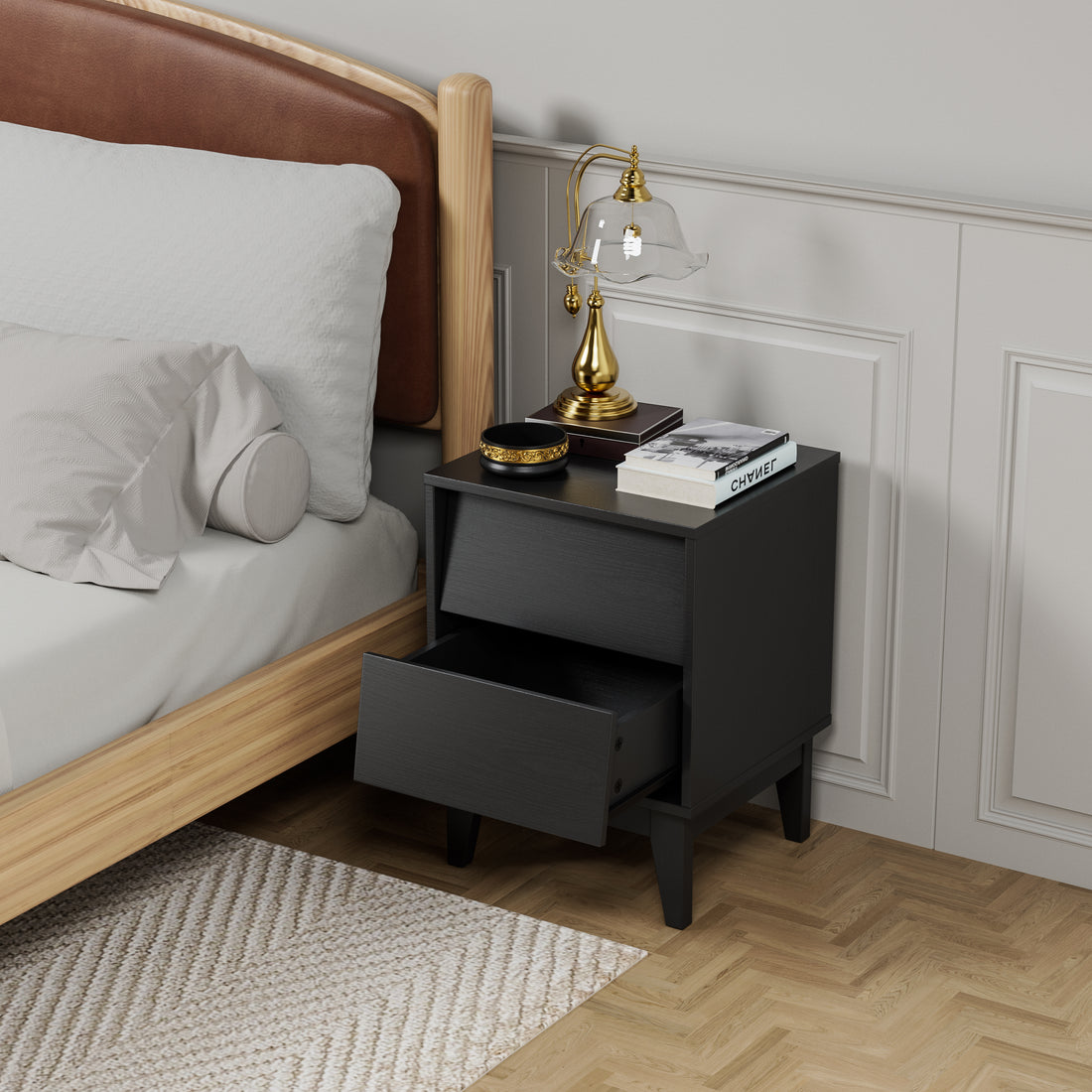 2 Set Nightstands Features Vintage Style And Bevel Design, Made Of Mdf, Mid Century Modern Nightstand, Night Stand For Bedroom Black Mdf
