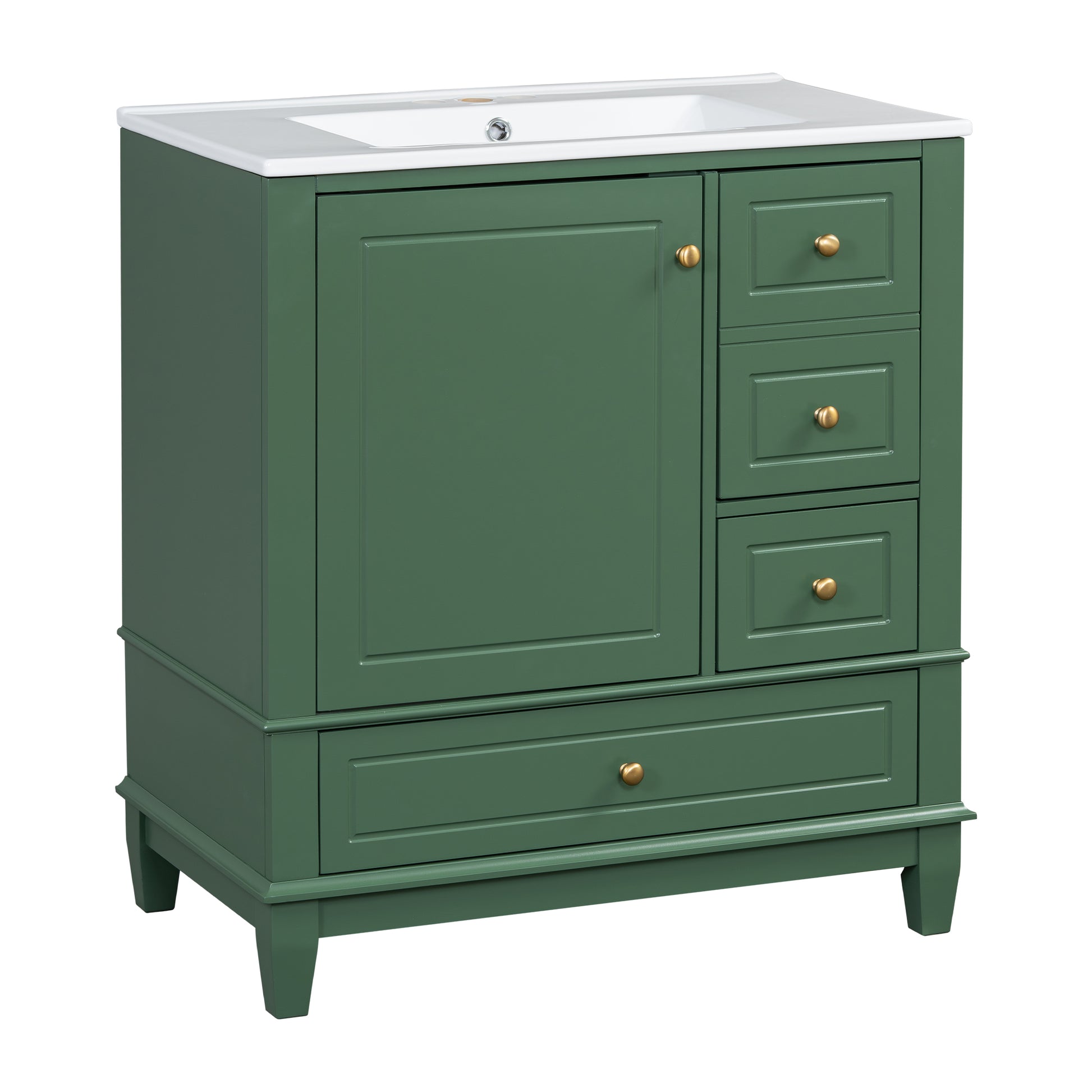 30" Bathroom Vanity With Sink, One Door With Shelf And Three Drawers, Soft Close Door, Green Green Ceramic Mdf,Rubber Wood