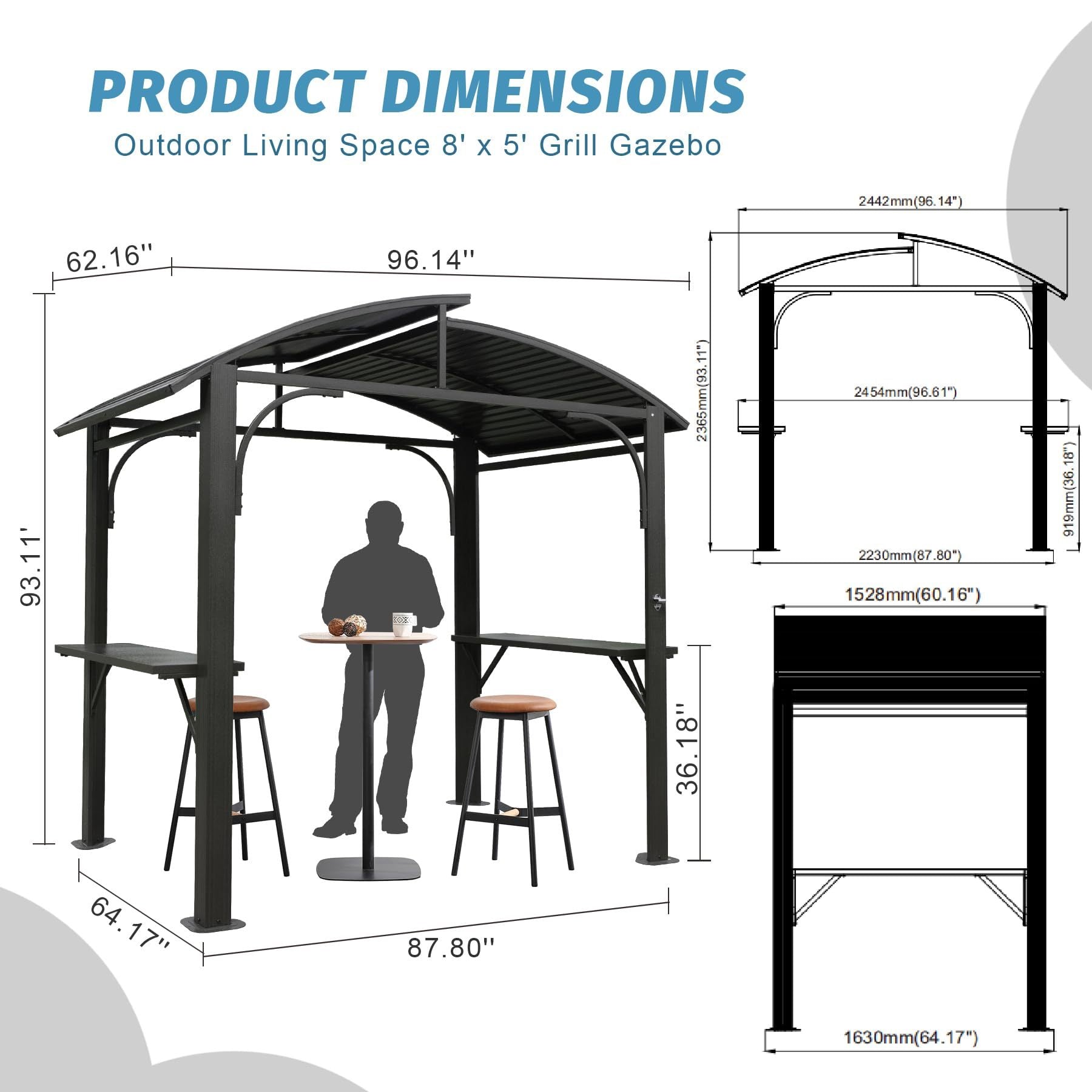 8X5Ft Arc Roof, Grill Canopy For Outdoor Grill W Double Galvanized Steel Roof And 2 Side Shelves, Bbq Gazebo Grill Tent For Patio Garden Backyard, Grey Grey Garden & Outdoor Uv Resistant Metal