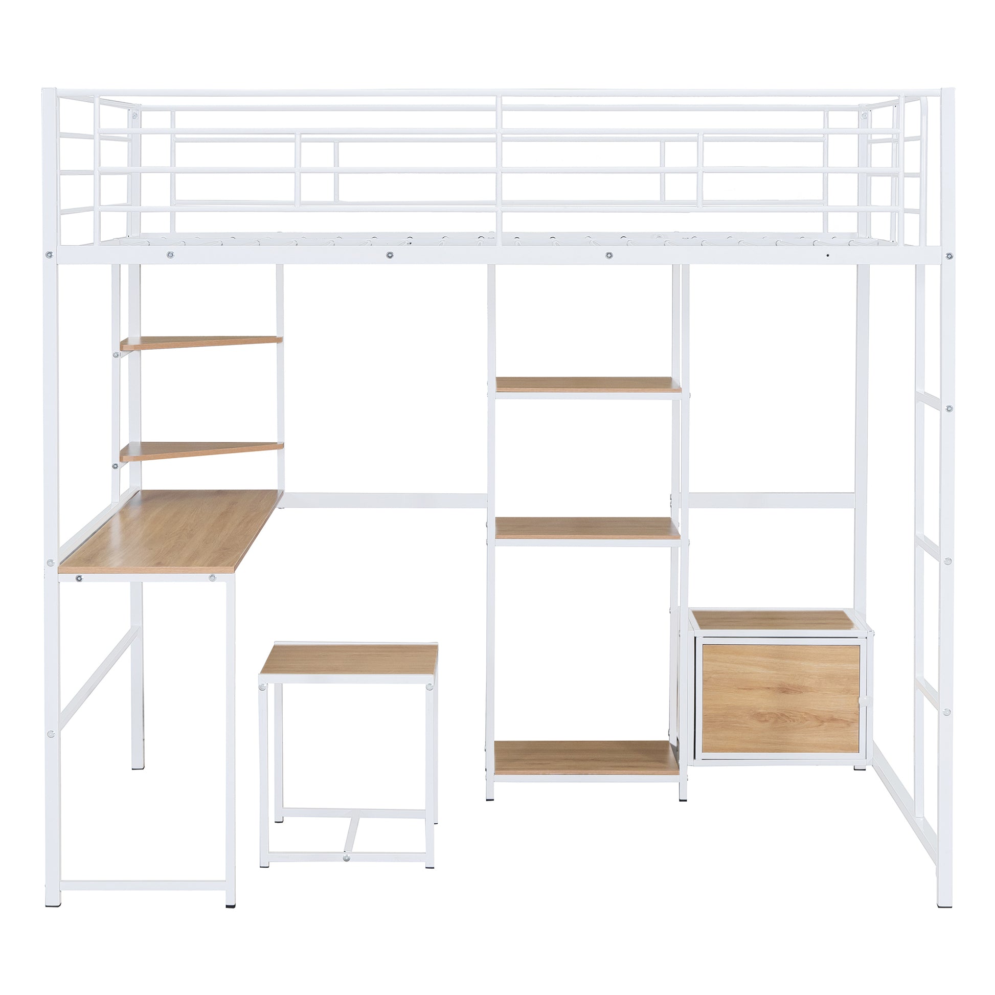 Full Size Loft Bed With Desk And Stool, Metal Loft Bed With Open Style Wardrobe, Shelves And Cabinet, White Full White Metal & Wood