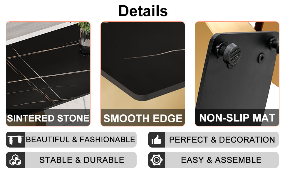 Table And Chair Set,Modern Rectangular Table With 0.4 Inch Black Patterned Tabletop And Gold Legs, Suitable For Kitchen, Dining Room, And Living Roomcomfortable Pu Seats,Perfect For Dinner, Meet Black Seats 6 Sintered Stone