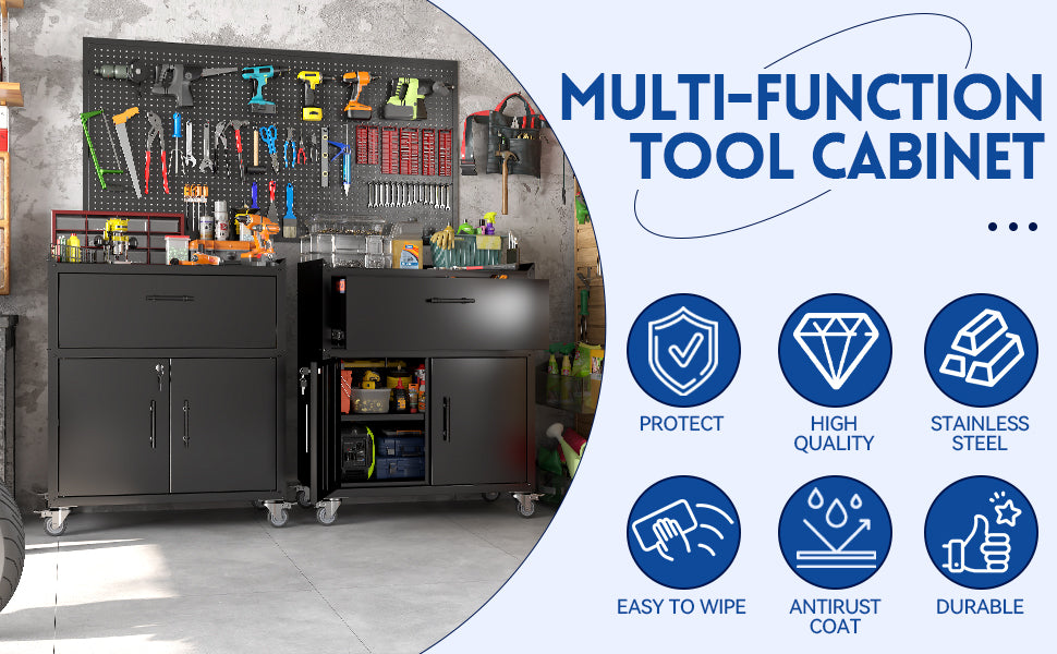2 Door 1 Drawer Tool Cabinets For Garage, Lockable Garage Storage Cabinet, Locking Metal Storage Cabinet With Wheels, Rolling Tool Chest, Assembly Required H35.4*W30.3*D18 Black American