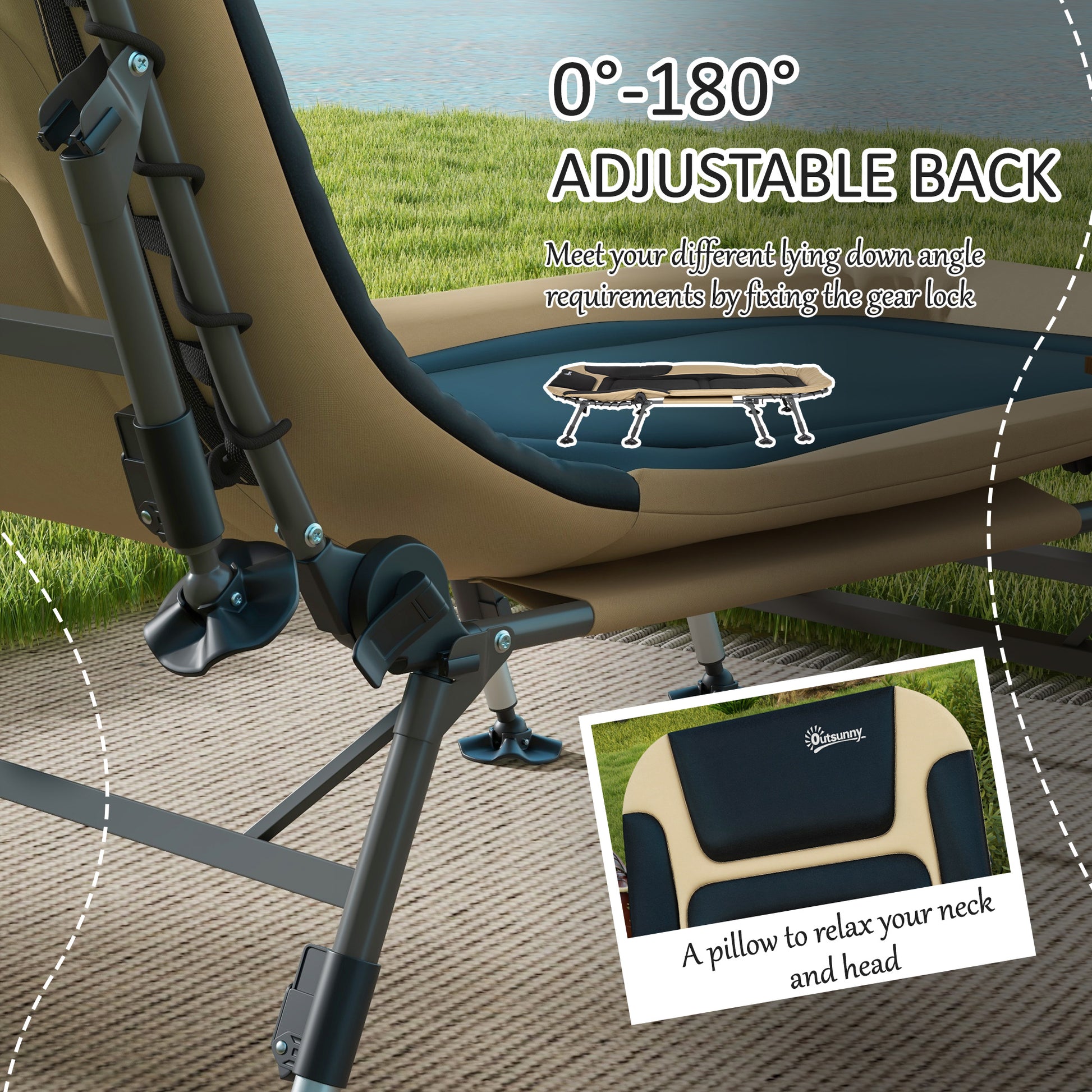 Outsunny Camping Cot For Adults, Folding Bed With Soft Padded Cushions & Headrest, 180 Adjustable Reclining Lounger, Heavy Duty And Portable With A 400 Lbs. Capacity, Cream White Cream White Oxford Fabric