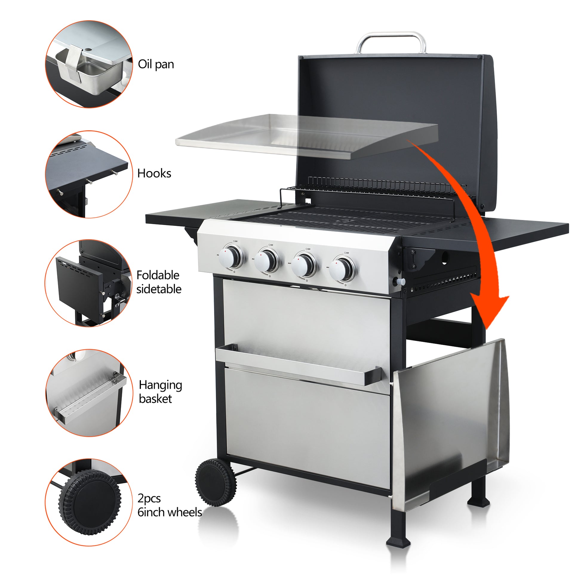 4 Burner Propane Gas Bbq Grill, Ss Plancha, 49200Btu Output With Wire Enamel Cooking Grids For Outdoor Barbecue, Foldable Side Table, Hanging Basket, Stainless Steel Black Silver Garden & Outdoor