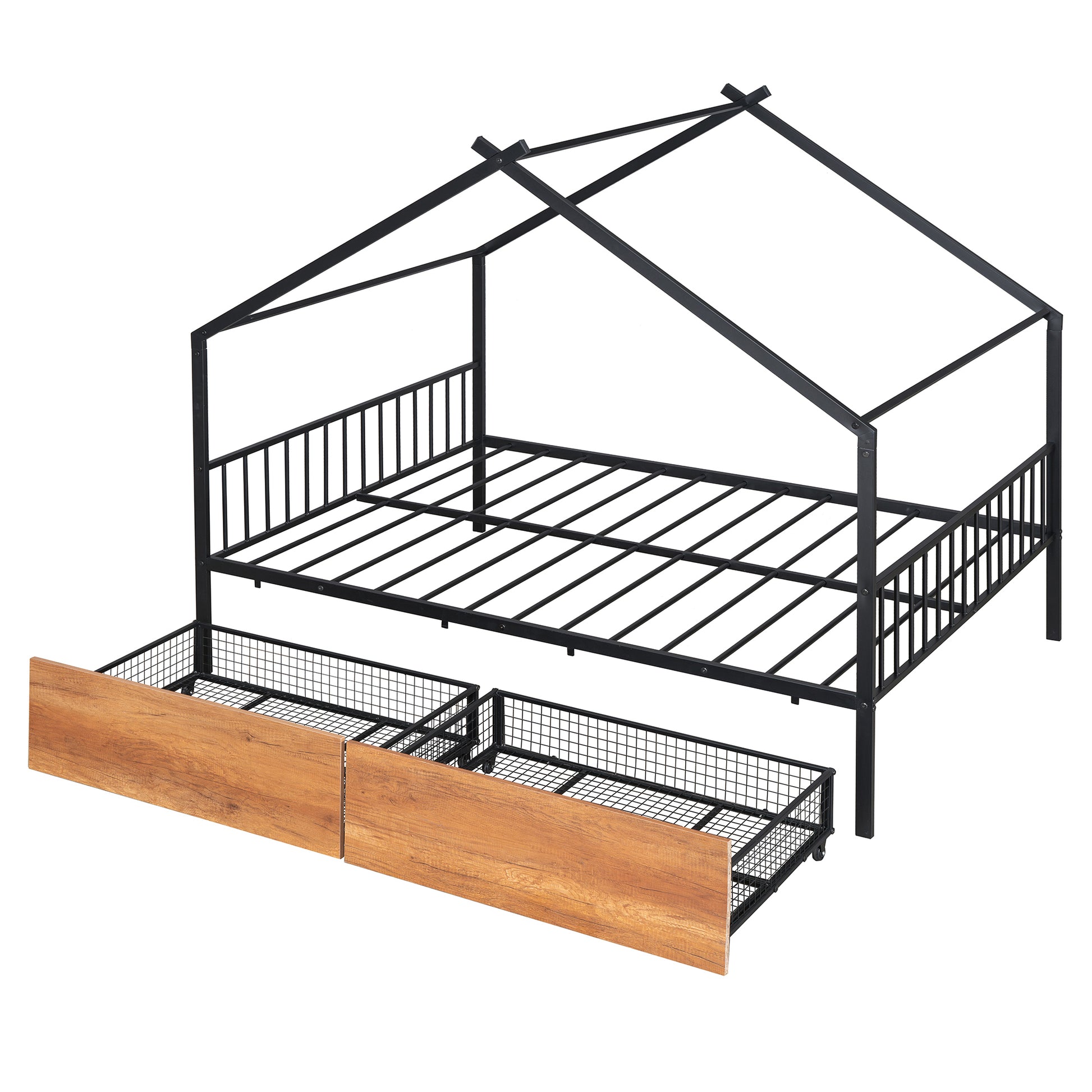 Full Size Metal House Bed With Two Drawers, Black Full Black Metal