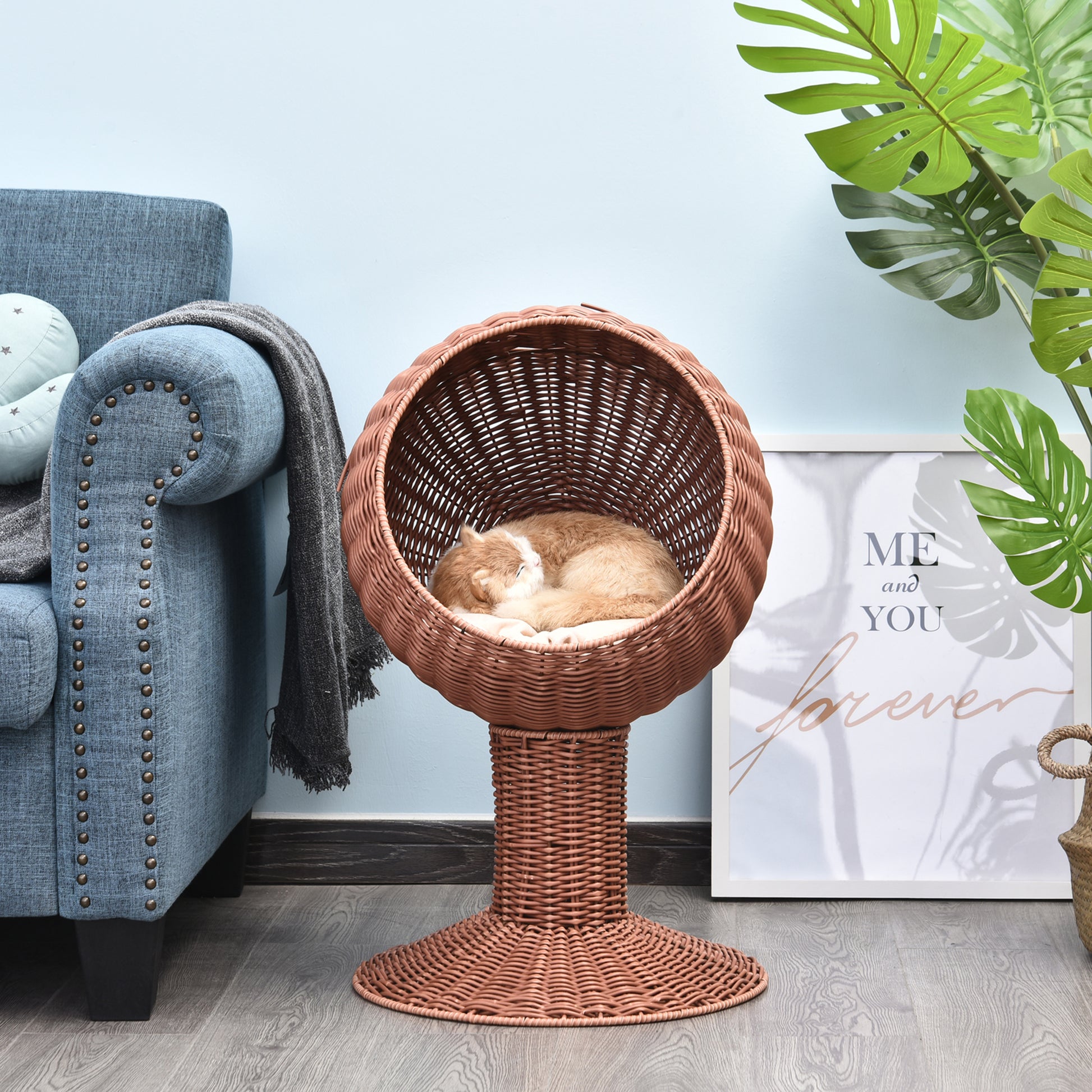 Pawhut Elevated Cat Bed With Rotatable Egg Chair Pod, Cat Basket Bed With Thick Cushion, Natural Mat Grass Woven Kitty House, Brown Brown Rattan