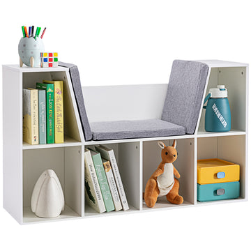 Homcom 6 Cubby Kids Bookcase With Reading Nook And Cushion, Multi Purpose Storage Organizer For Bedroom, Living Room, Pure White White Mdf