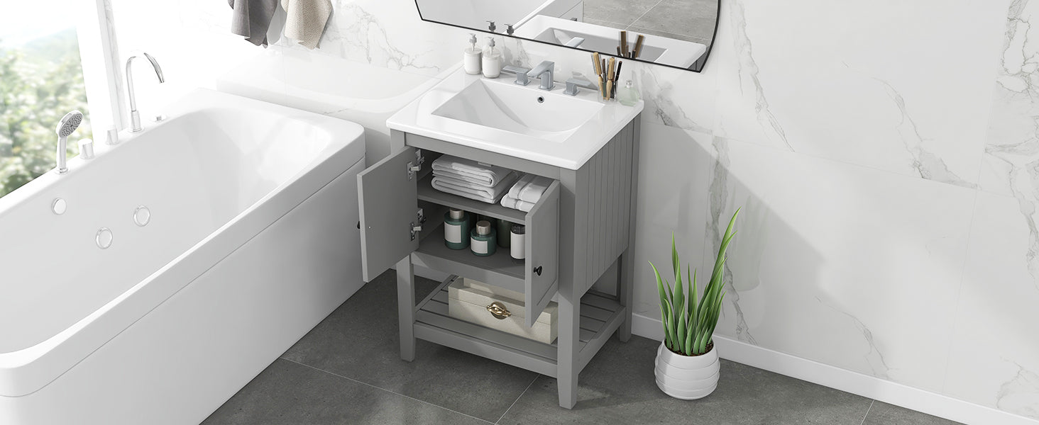 Video 24" Grey Modern Sleek Bathroom Vanity Elegant Ceramic Sink With Solid Wood Frame Open Style Shelf Grey Solid Wood
