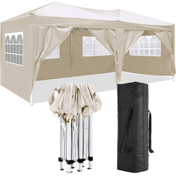 10'X20' Folding Canopy With 6 Removable Sidewalls Outdoor Event Shelter Upf 50 Gazebo Portable Tents For Parties Beach Camping Wedding Ez Pop Up Canopy Beige Metal