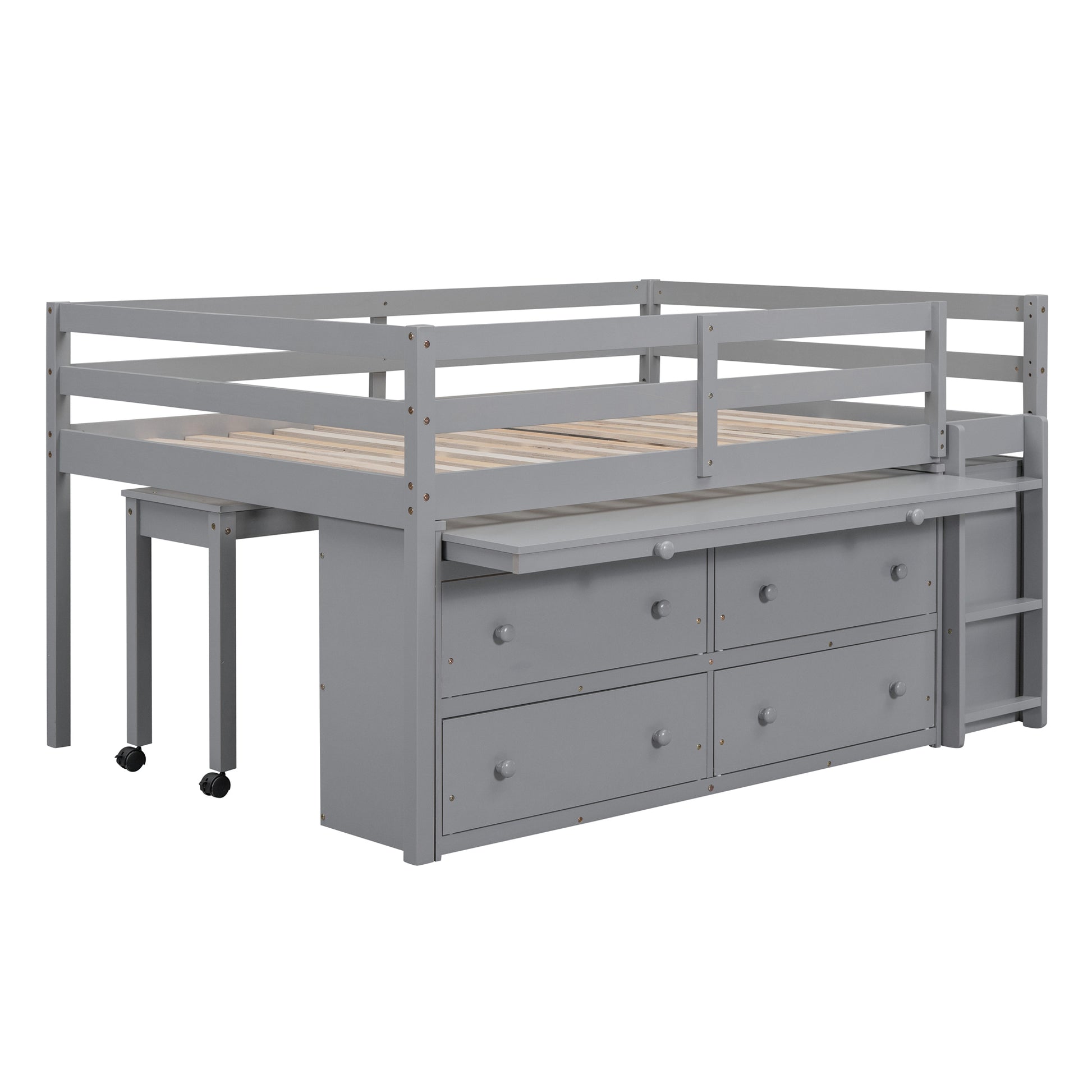 Full Size Loft Bed With Retractable Writing Desk And 4 Drawers, Wooden Loft Bed With Lateral Portable Desk And Shelves, Gray Full Gray Solid Wood Mdf