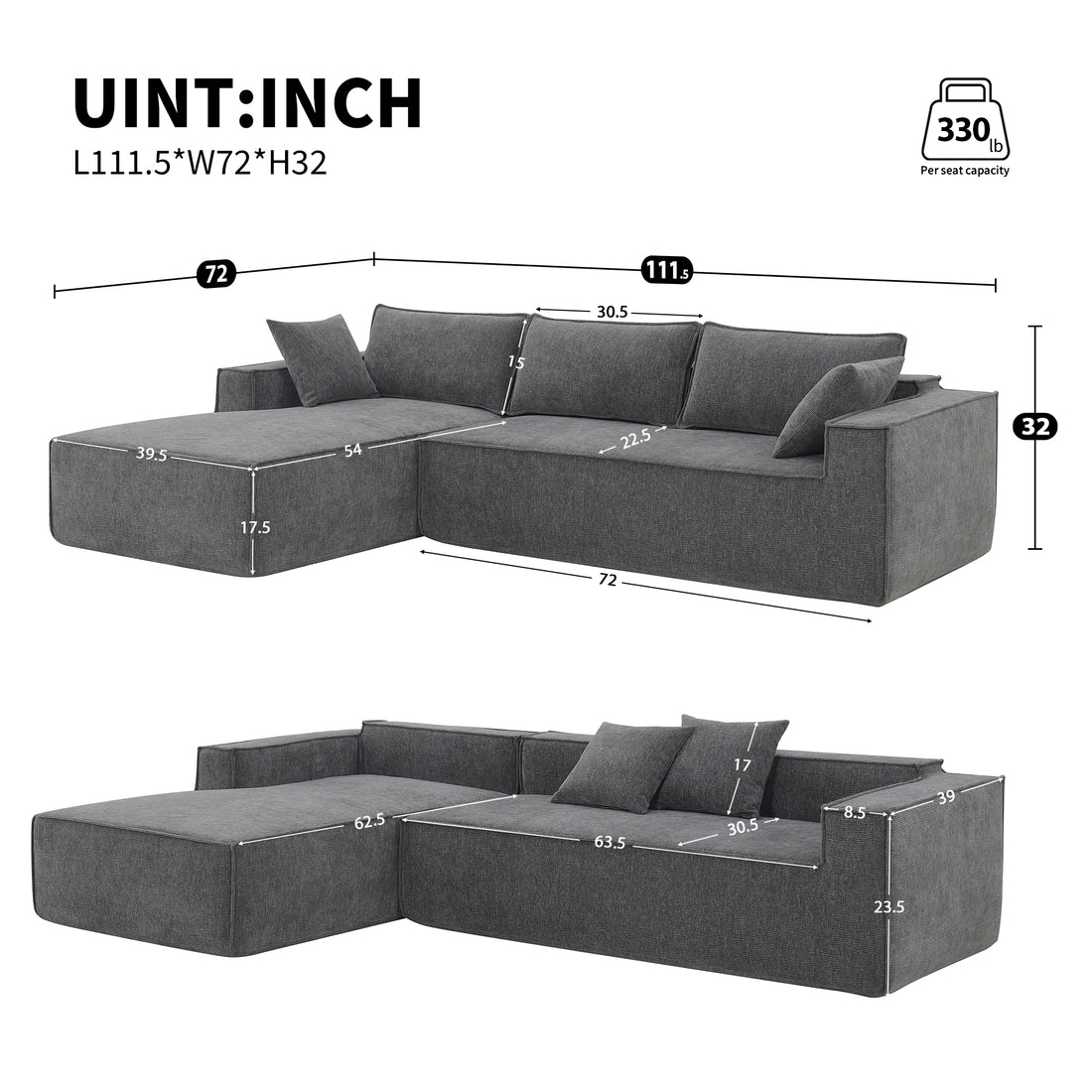 111.5*72"Minimalist Style Modular Sectional Sofa,Wrinkle Resistant Chenille Couch Set,L Shaped Sleeper Sofa Bed For Living Room,2 Pic Free Combination,No Assembly Require,3 Colors Gray Chenille 4 Seat