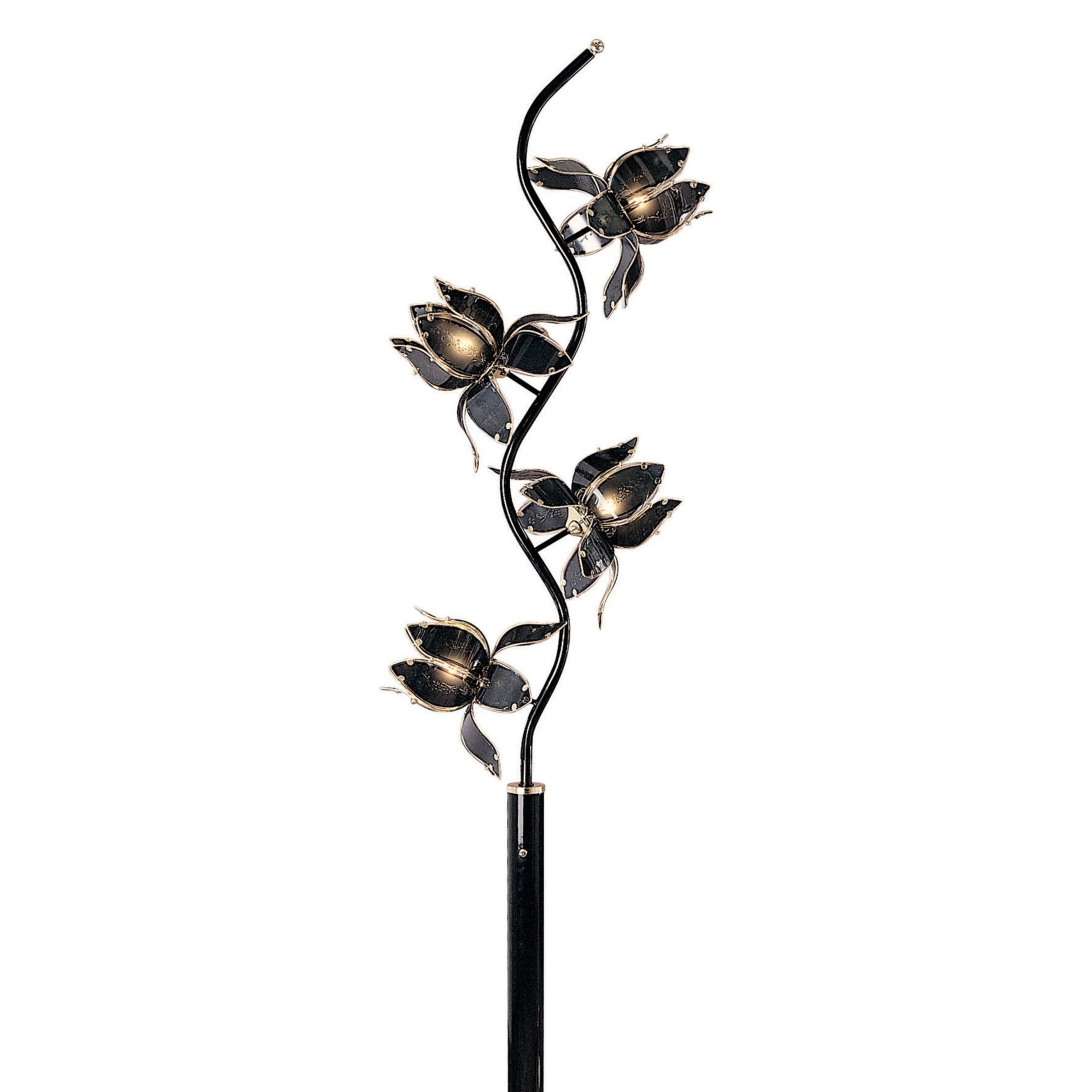 73" Tall Floor Lamp, 4 Black And Gold Flower Shaped Lights With Crystal Accents Black Metal