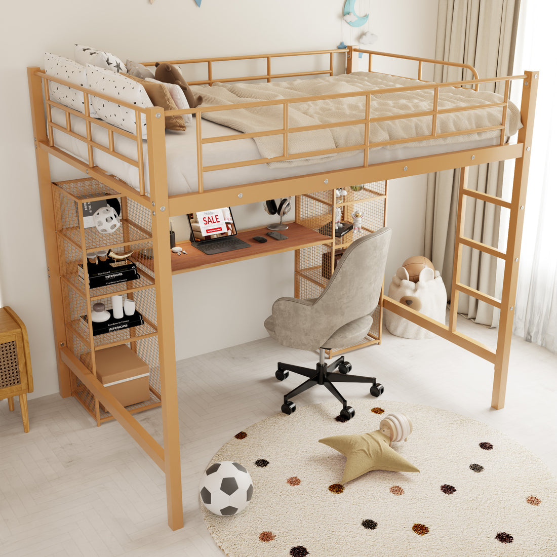 Full Size Metal Loft Bed With Built In Desk And Shelves, Gold Brown Box Spring Not Required Full Brown Gold Metal Bedroom Mdf Metal