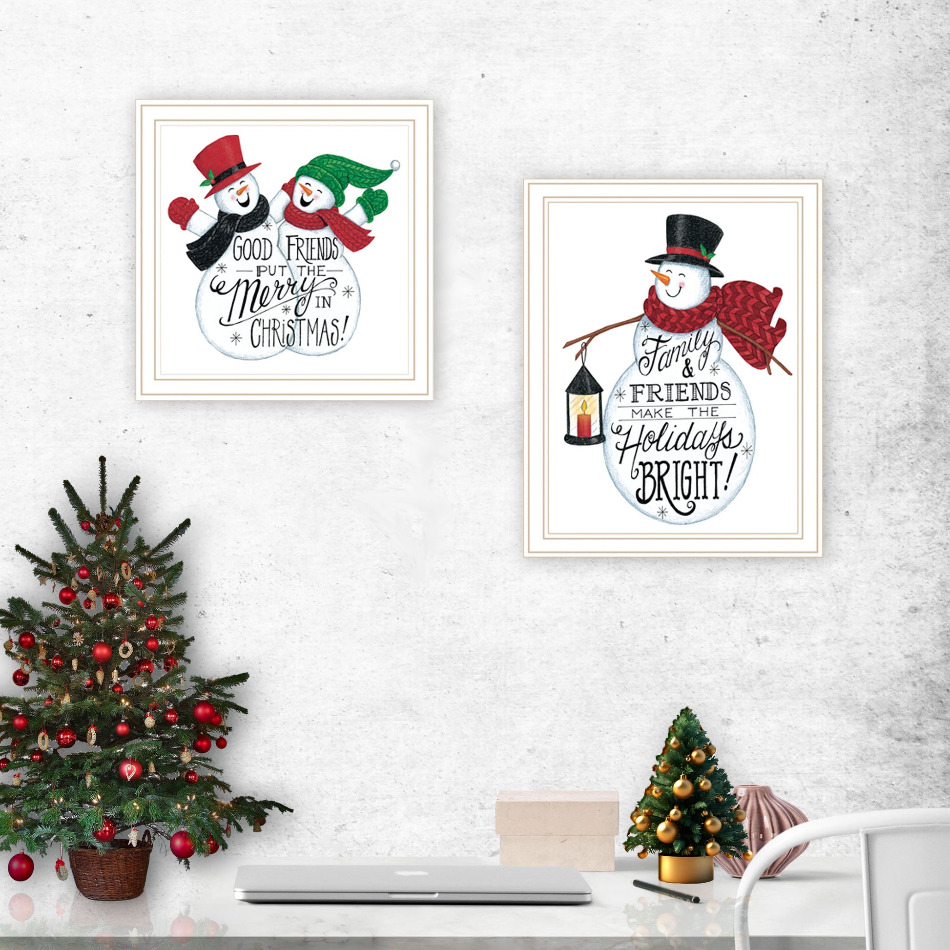 2 Piece Vignette Good Friends Snowman White Framed Wall Art For Living Room, Bedroom Wall Art Print For Home Decor By Deb Strain Multicolor Wood Paper