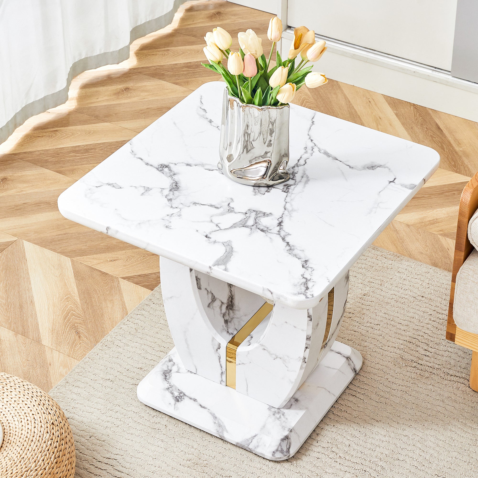 Modern Minimalist White Marble Patterned Mdf Square Coffee Table. Add A Quiet And Cozy Atmosphere To Your Home.White,Mdf Coffee Table,Density Board Sticker,Side Table. White Mdf