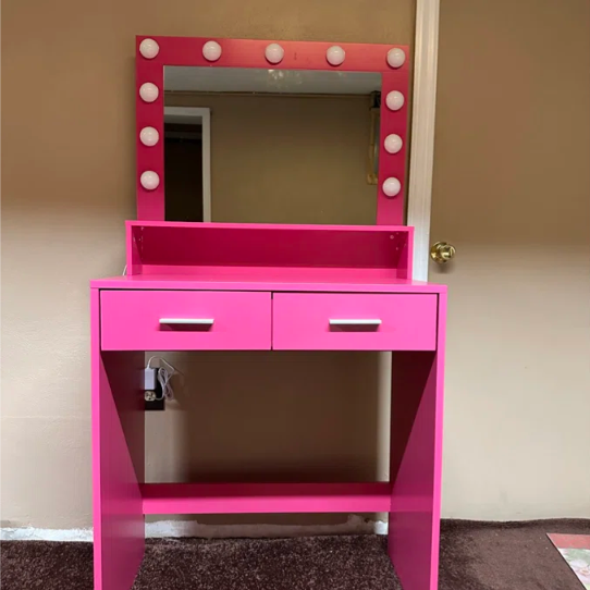 Vanity Desk With Mirror And Lights, Dressing Table With Large Drawer, 2 Level Storage Dresser & 3 Lighting Modes Adjustable Brightness, Suitable For Bedroom Rose Pink Rose Pink Particle Board