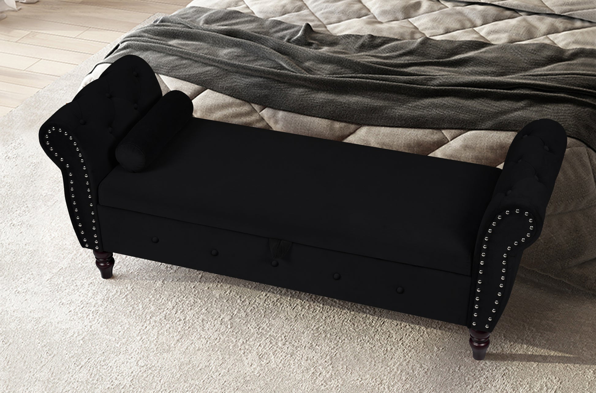 48.3 Inch Storage Bench, Modern Velvet Ottoman, Large Capacity Storage Bench With Armrest, Suitable For Living Room, Bedroom H Black Armrest Black Brown Velvet Primary Living Space Black Modern,Sporty Eucalyptus Wood Internal Storage Upholstered Metal &