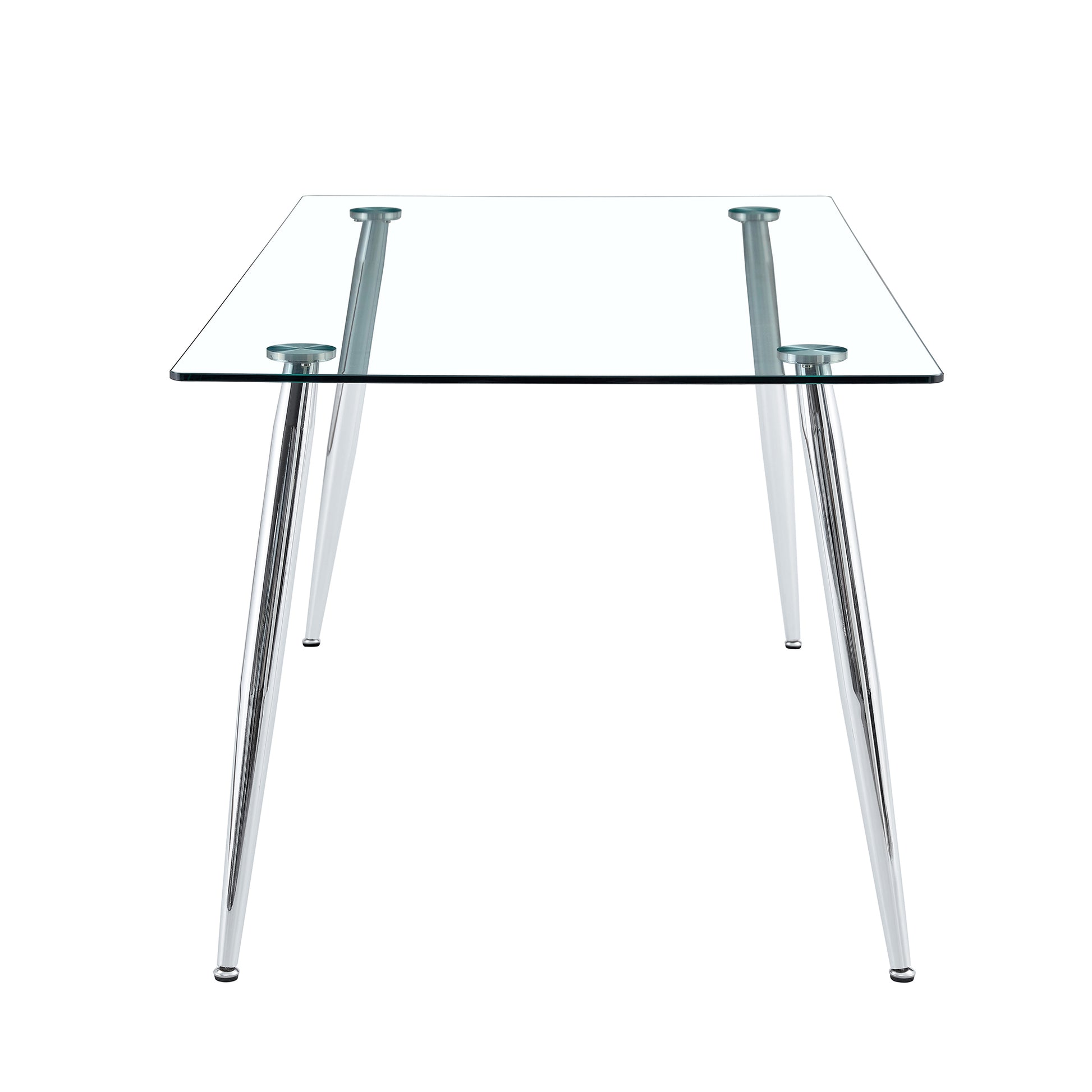 Table And Chair Set.Modern Rectangular Glass Dining Table With Tempered Glass Countertop And Silver Metal Legs, Paired With Multiple Transparent High Quality Pet Dining Chairs With Silver Legs. Silver Seats 8 Tempered Glass