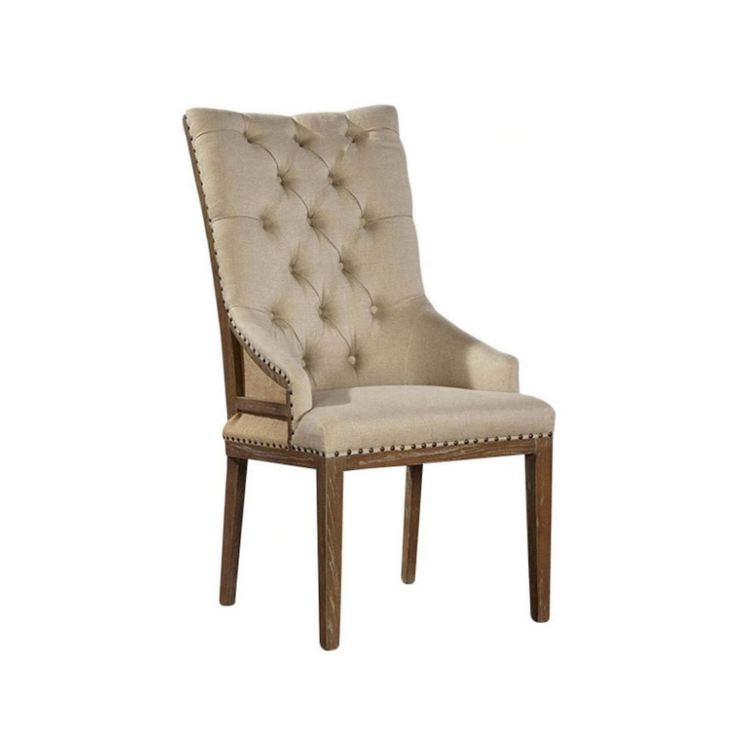 28 Inch Dining Chair, Button Tufted Backrest, Trim, Beige Linen Beige Brown Wood Fabric