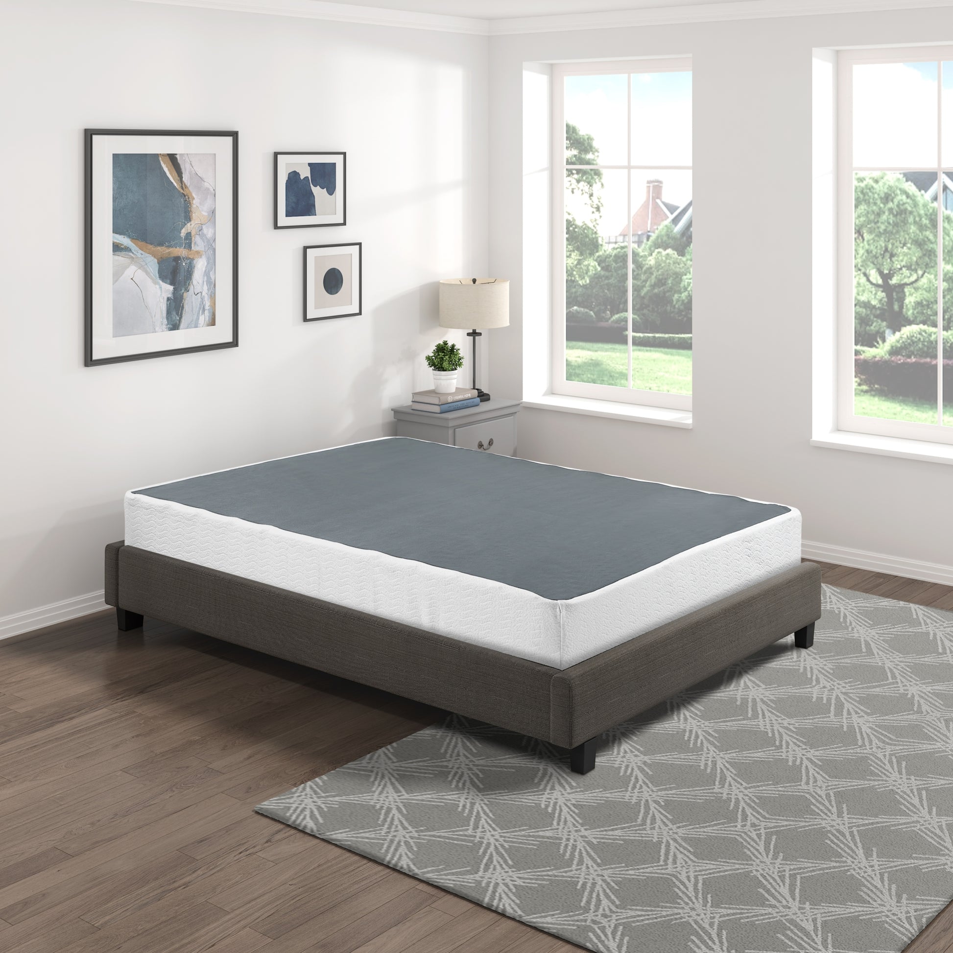 Eastern King Mattress Foundation 1Pc Black Metal Frame With Textured Fabric Cover King Black Bedroom Metal