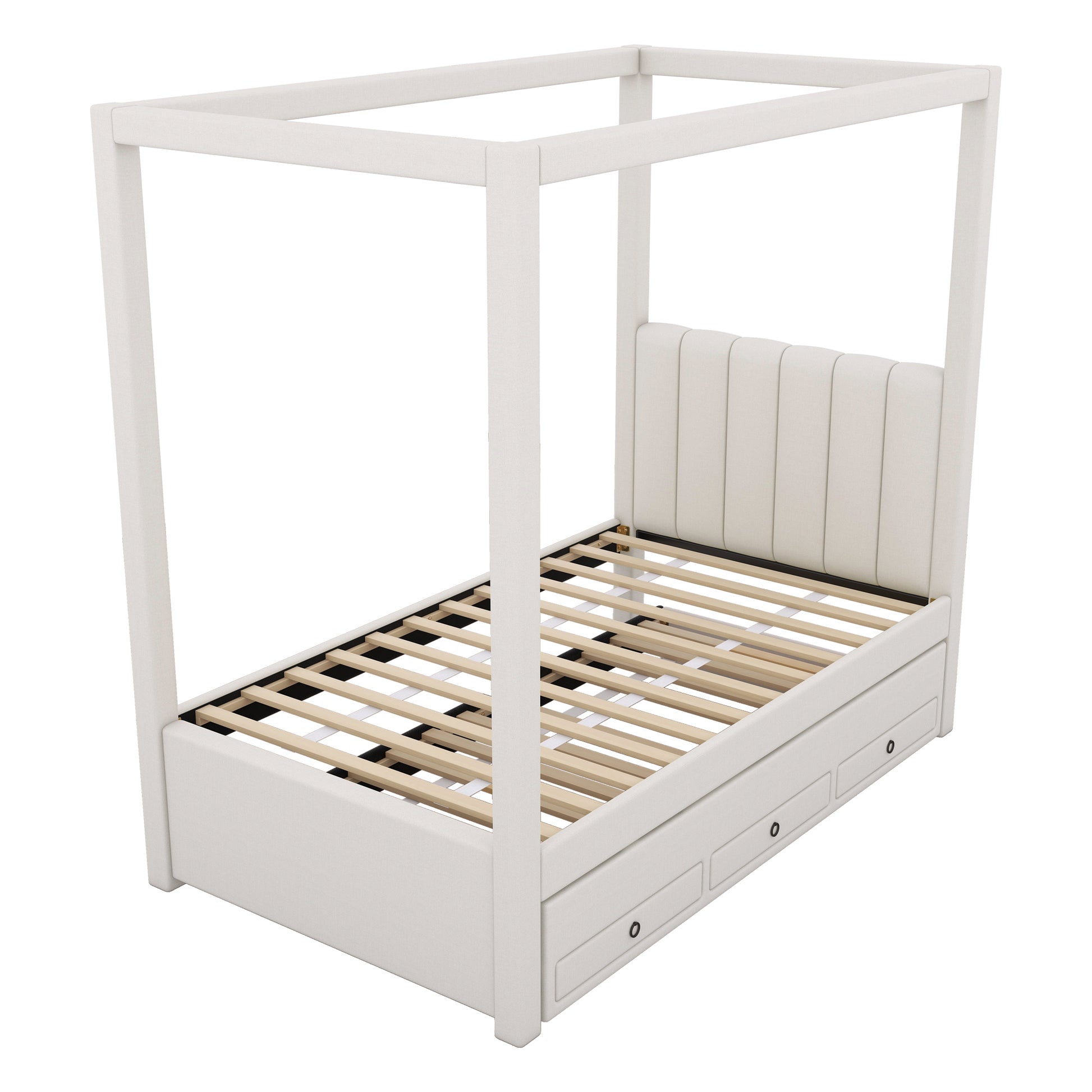 Twin Size Upholstery Canopy Platform Bed With Trundle And Three Storage Drawers, Beige Twin Beige Upholstered