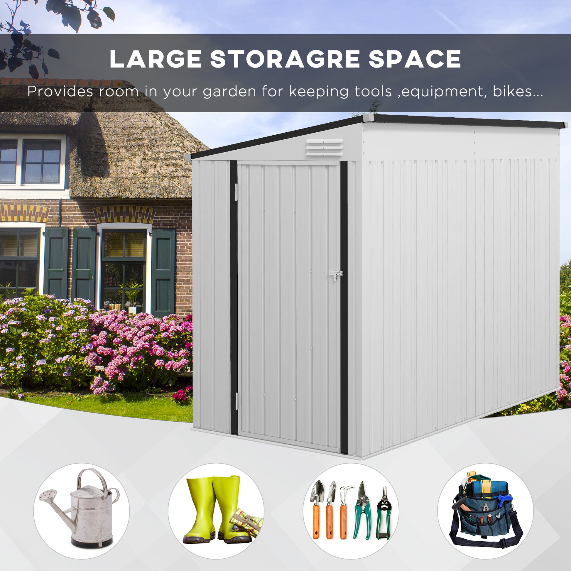 Outsunny 4' X 7.7' Metal Outdoor Storage Shed, Lean To Storage Shed, Garden Tool Storage House With Lockable Door And 2 Air Vents For Backyard, Patio, Lawn, White White Steel