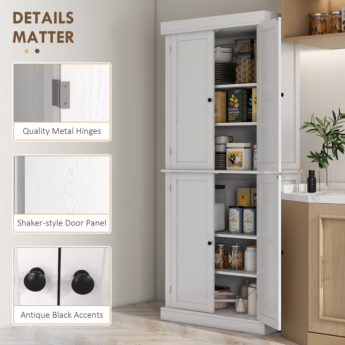 Homcom 72.5" Freestanding Kitchen Pantry Cabinet, Tall Storage Cabinet With 4 Doors And 2 Adjustable Shelves For Dining Room, White Wood Grain White Particle Board