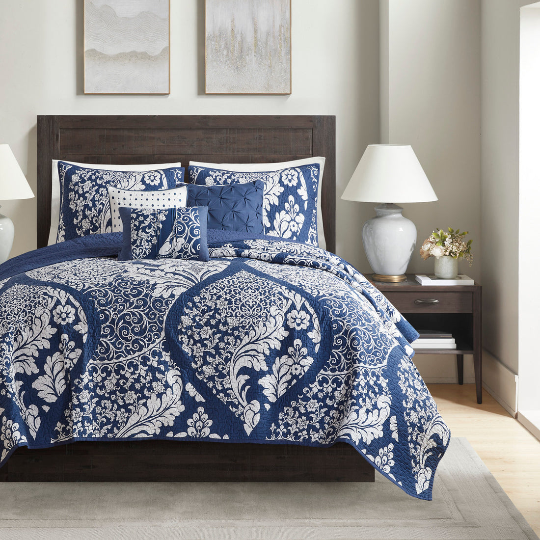 6 Piece Printed Cotton Quilt Set With Throw Pillows Indigo King Cal King Indigo Polyester